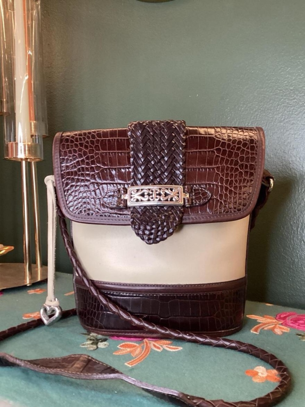 Brighton Brown Croc-Embossed and Cream Leather Crossbody